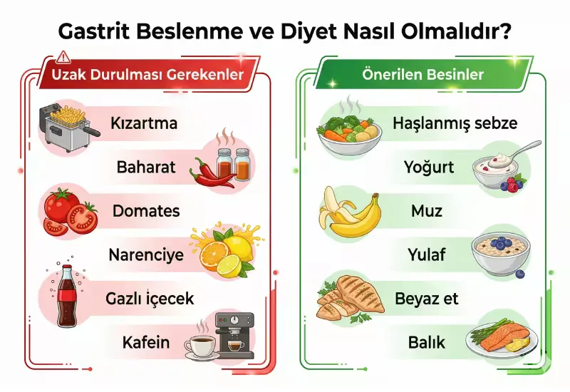 Gastrit diyetinde önerilen ve kaçınılması gereken besinler infografiği