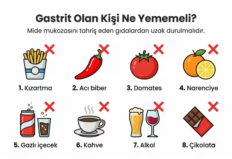 Gastrit olan kişinin kaçınması gereken gıdalar infografiği