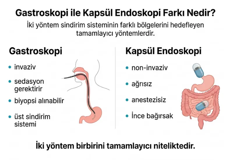 Gastroskopi kapsül endoskopi farkı infografiği