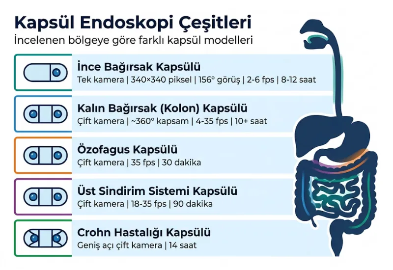 Kapsül endoskopi çeşitleri ince bağırsak kalın bağırsak özofagus üst GİS kapsülü