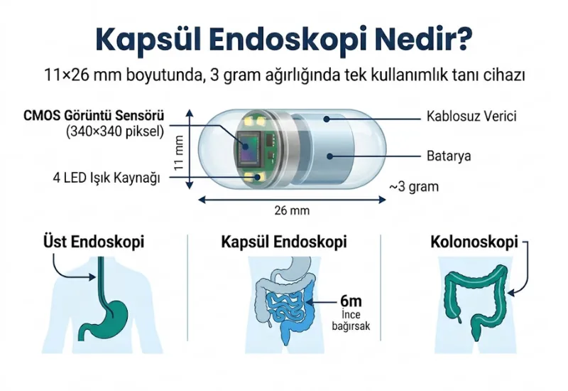 Kapsül endoskopi cihazı boyutu kamera LED ışık mikroçip