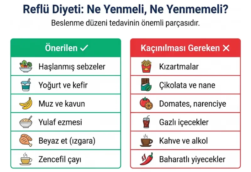 Reflü diyetinde önerilen ve kaçınılması gereken besinler infografiği