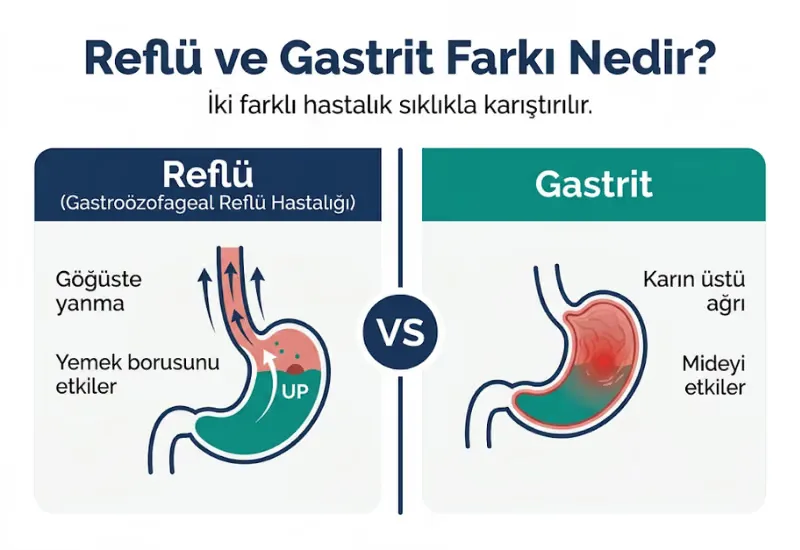 Reflü ve gastrit farkı infografiği
