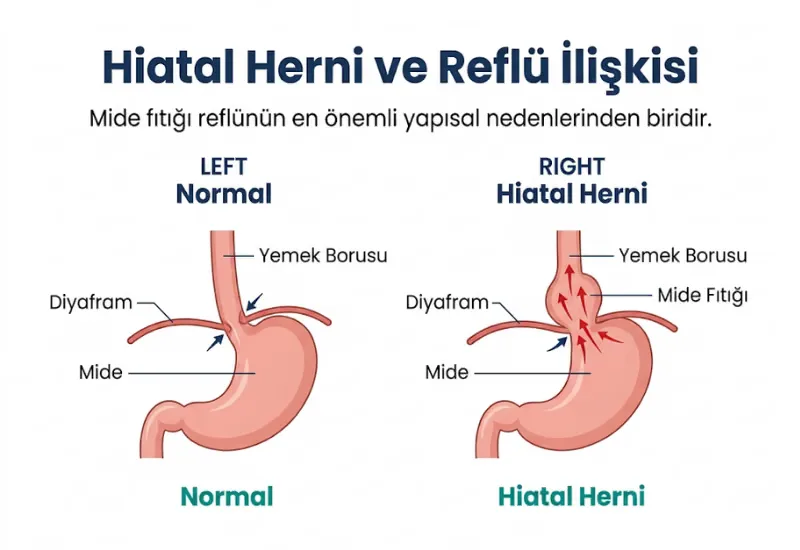 Hiatal herni ve reflü ilişkisi infografiği