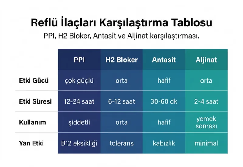 Reflü ilaçları karşılaştırma tablosu PPI H2 bloker antasit aljinat
