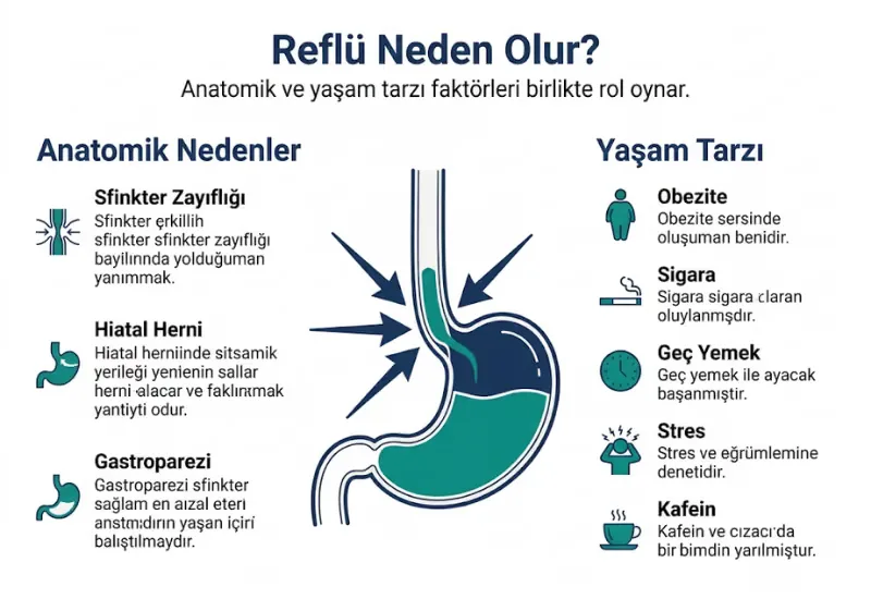 Reflü nedenleri ve risk faktörleri infografiği