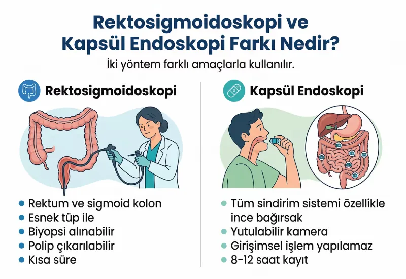 Rektosigmoidoskopi kapsül endoskopi farkı infografiği