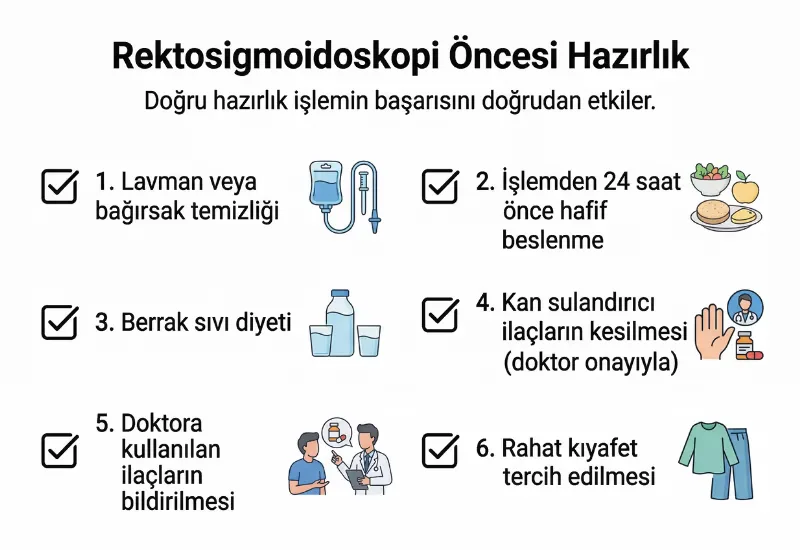 Rektosigmoidoskopi öncesi hazırlık infografiği