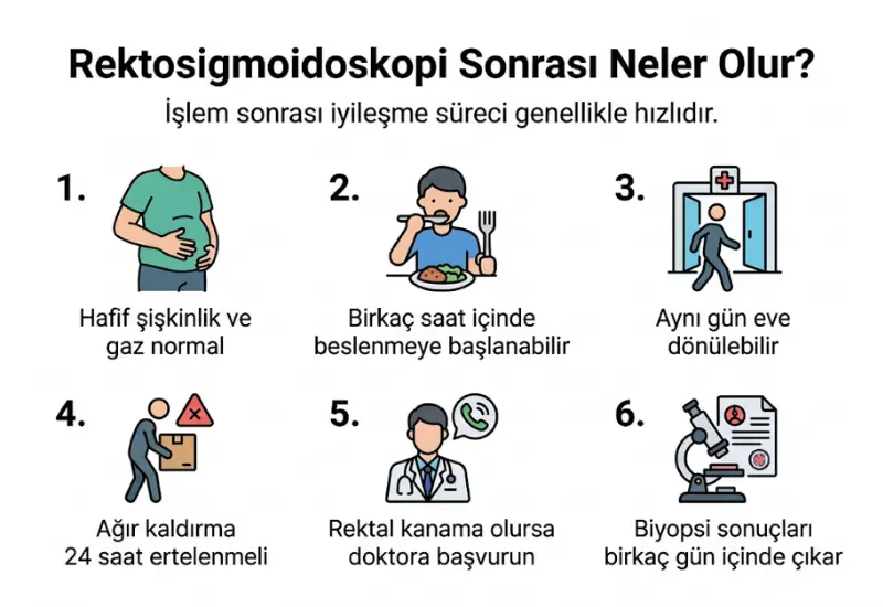 Rektosigmoidoskopi sonrası dikkat edilecekler infografiği